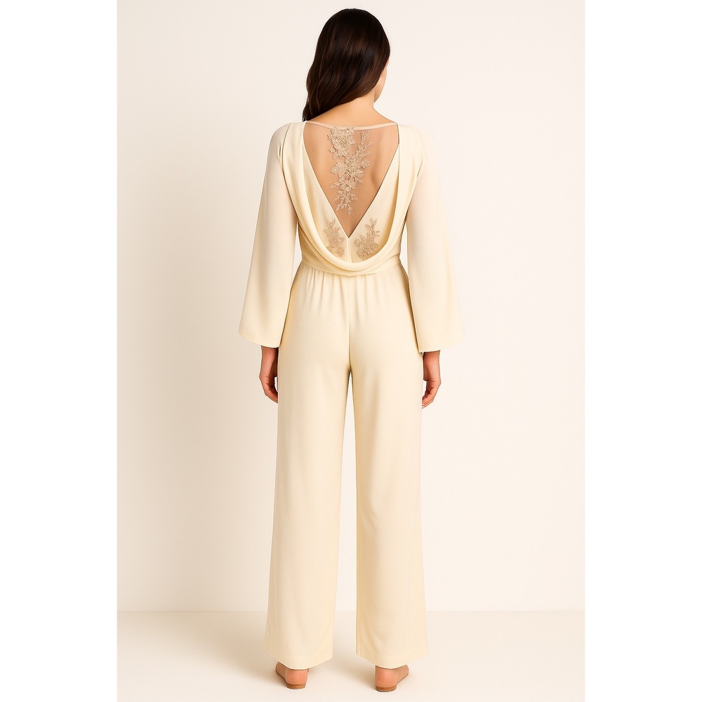 Elegant Cream Lace Back Jumpsuit Wide Leg Evening Formal XS